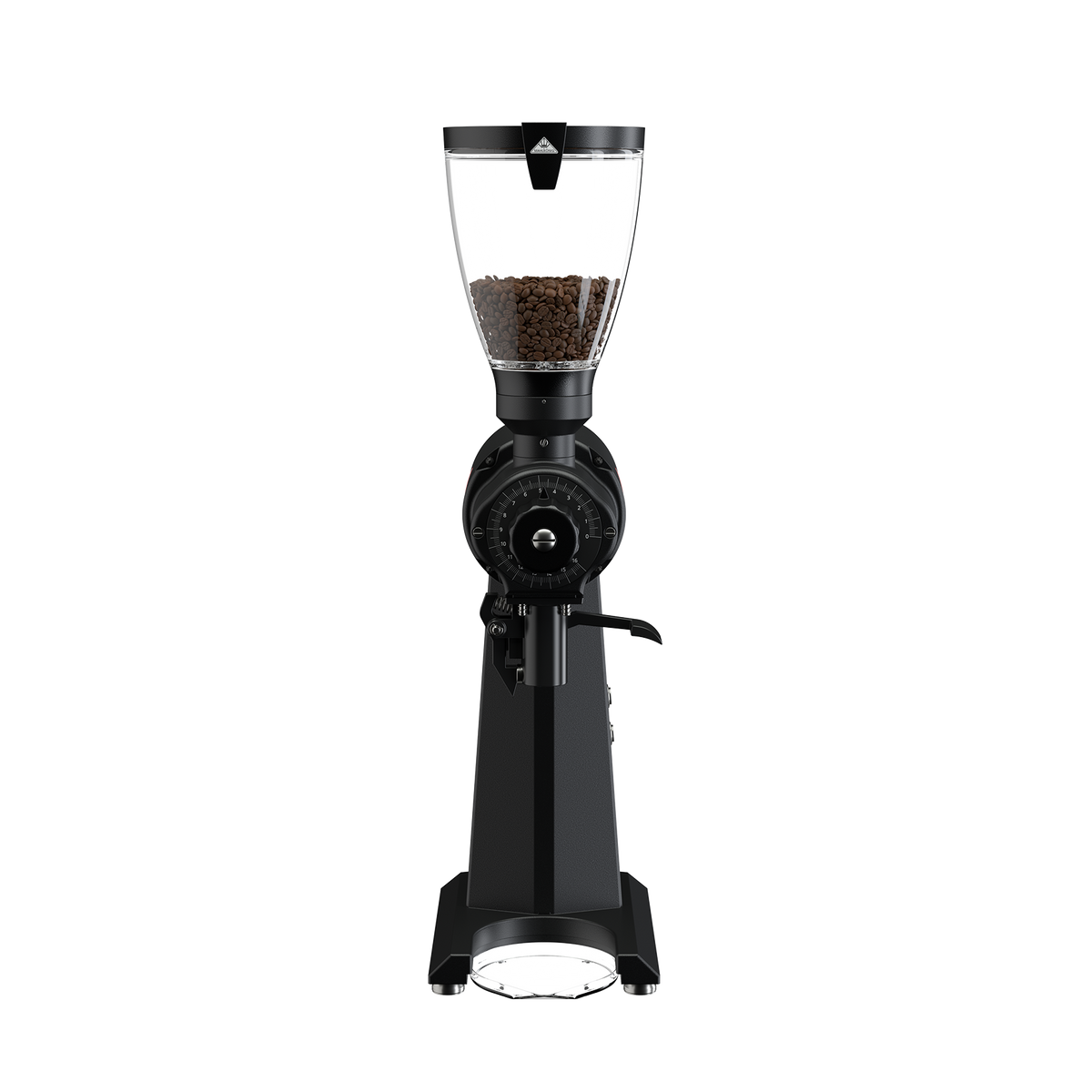 Front view of the black Mahlkonig EK43 showing the stepless grind dial and bag clamp