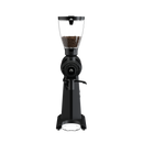 Front view of the black Mahlkonig EK43 showing the stepless grind dial and bag clamp