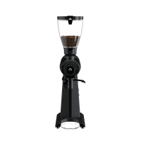 Front view of the black Mahlkonig EK43 showing the stepless grind dial and bag clamp