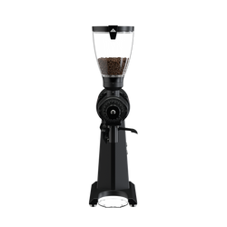 Front view of the black Mahlkonig EK43 showing the stepless grind dial and bag clamp