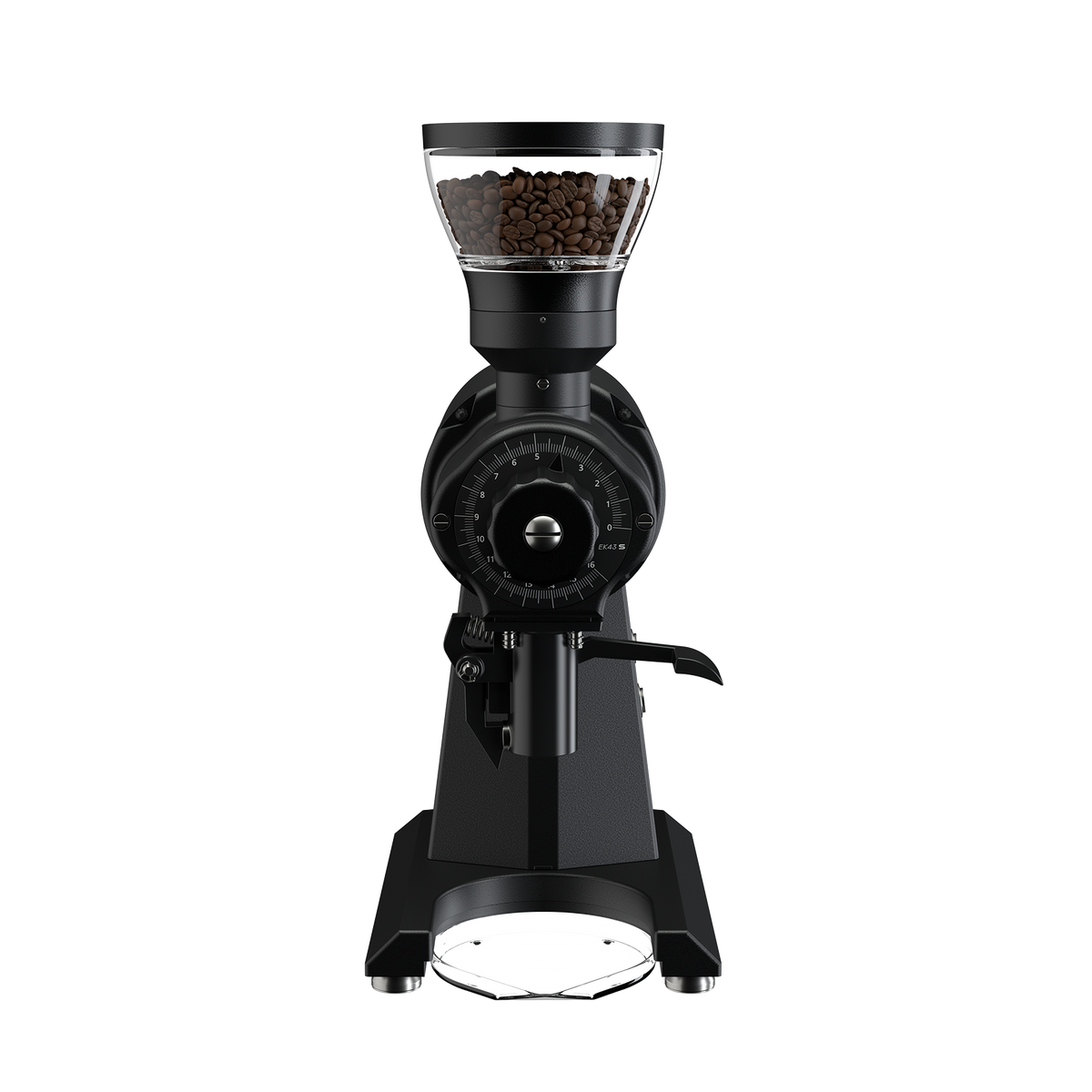 Front view of the black Mahlkonig EK43S showing its grind adjustment knob and lowered spout