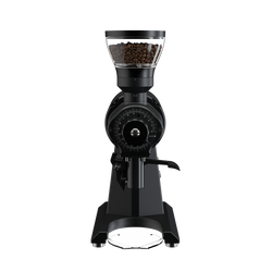 Front view of the black Mahlkonig EK43S showing its grind adjustment knob and lowered spout