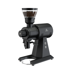 Mahlkonig EK43S compact shop grinder in matte black with its low-profile bean hopper
