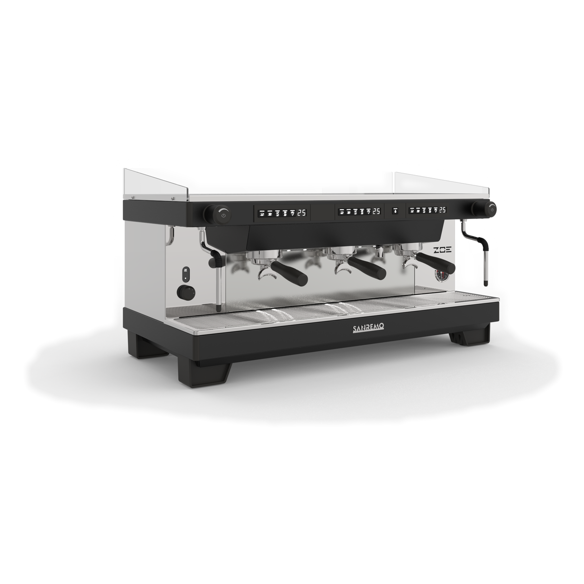 Voltage Coffee Supply™ Sanremo Zoe Competition Volumetric Espresso Machine 3 Group Black and Stainless Steel Front View